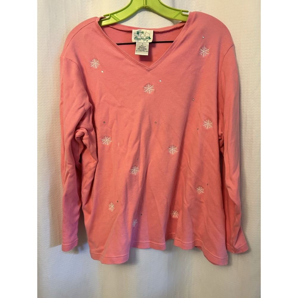 Quacker Factory Pink 3/4 Sleeve Top 1X Snowflakes Rhinestones V Neck